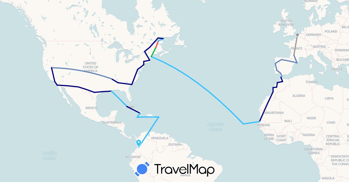 TravelMap itinerary: driving, bus, plane, cycling, hiking, boat in Canada, Colombia, Cuba, Cape Verde, Spain, France, Gibraltar, Jamaica, Morocco, Mexico, Puerto Rico, Portugal, Senegal, United States, Venezuela (Africa, Europe, North America, South America)